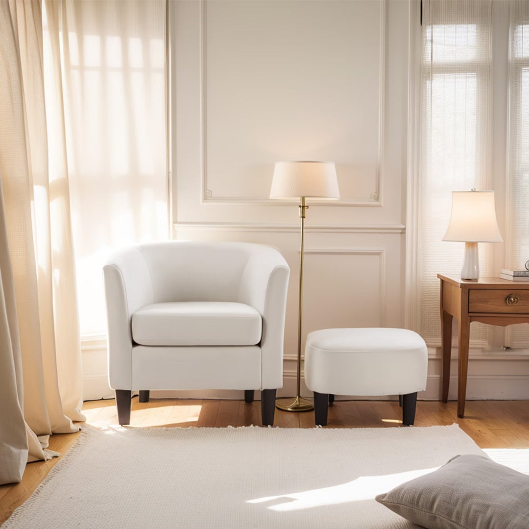 Velvet Accent Chair With Ottoman, Modern Barrel Chair Armchair For Living Room, Bedroom, White
