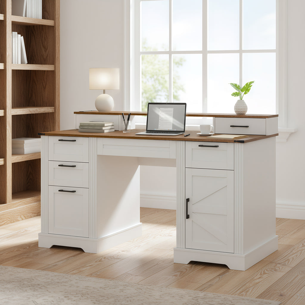 Luxury Farmhouse Desk™ – Scrivania Elegante con Stazione di Ricarica e Storage Integrato