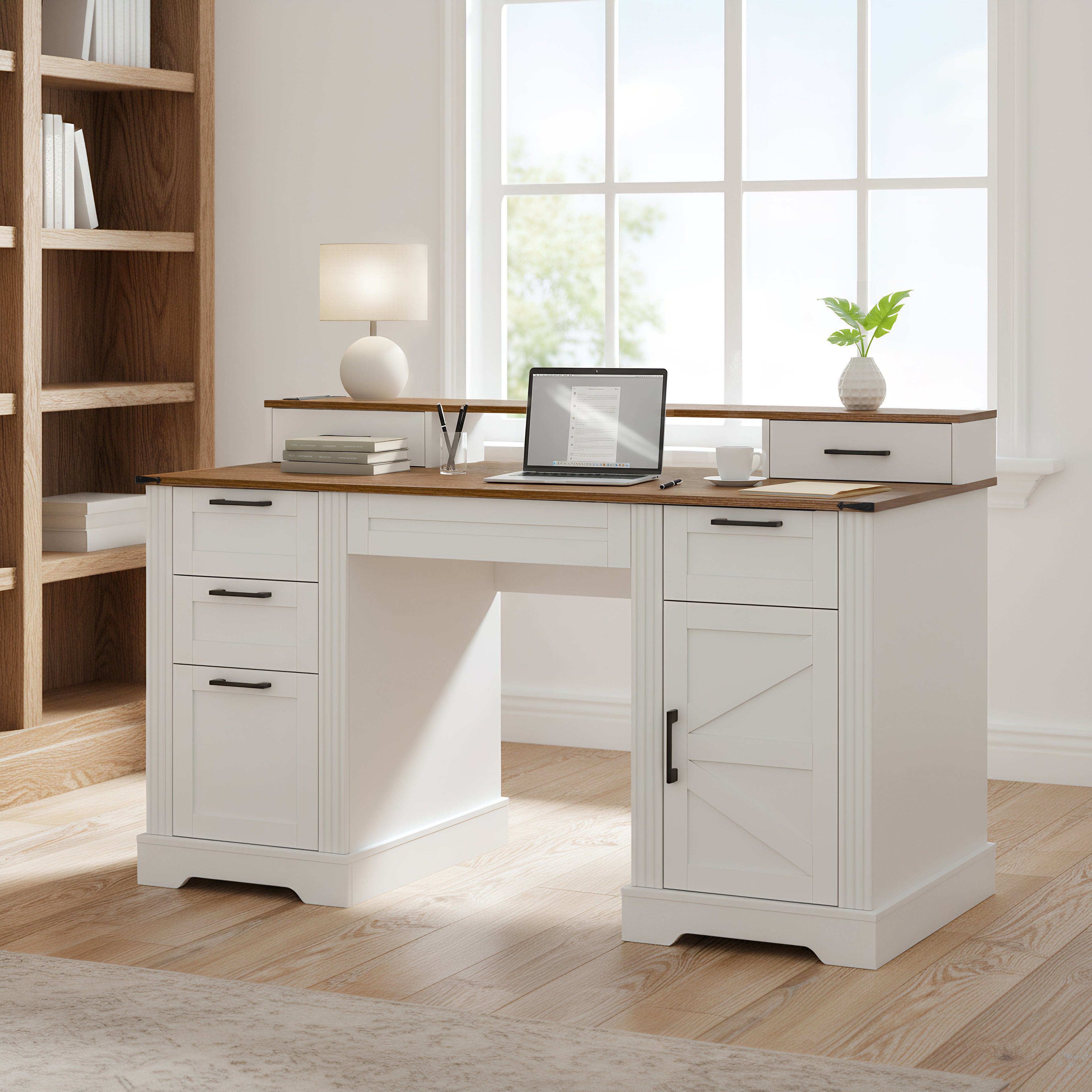 Luxury Farmhouse Desk™ – Scrivania Elegante con Stazione di Ricarica e Storage Integrato