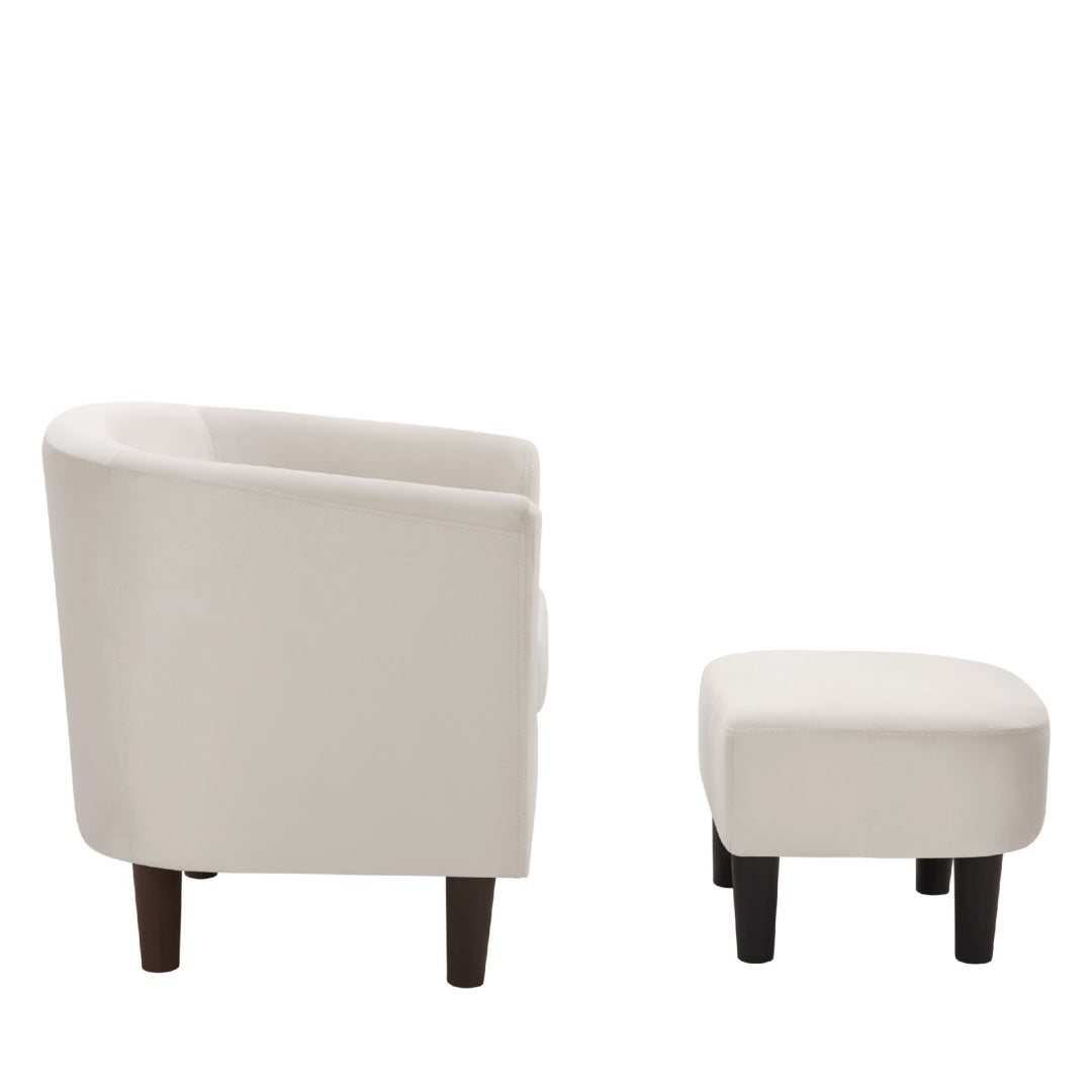 Velvet Accent Chair With Ottoman, Modern Barrel Chair Armchair For Living Room, Bedroom, White