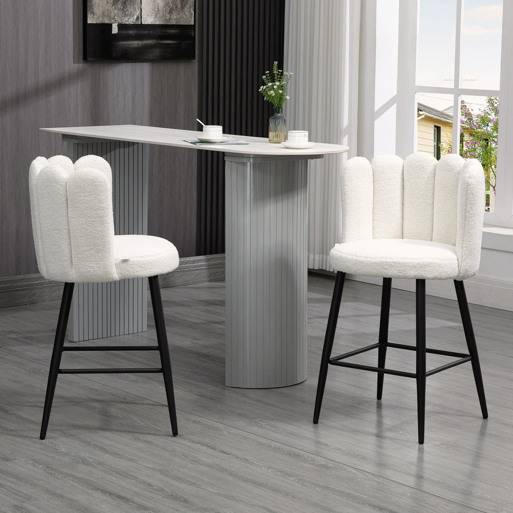 Bar Stools Set Of 2, Modern Boucle Upholstered Shell Barstools, Breakfast Bar Chairs With Backrest, Footrest And Steel Base For Kitchen Counter, Cream