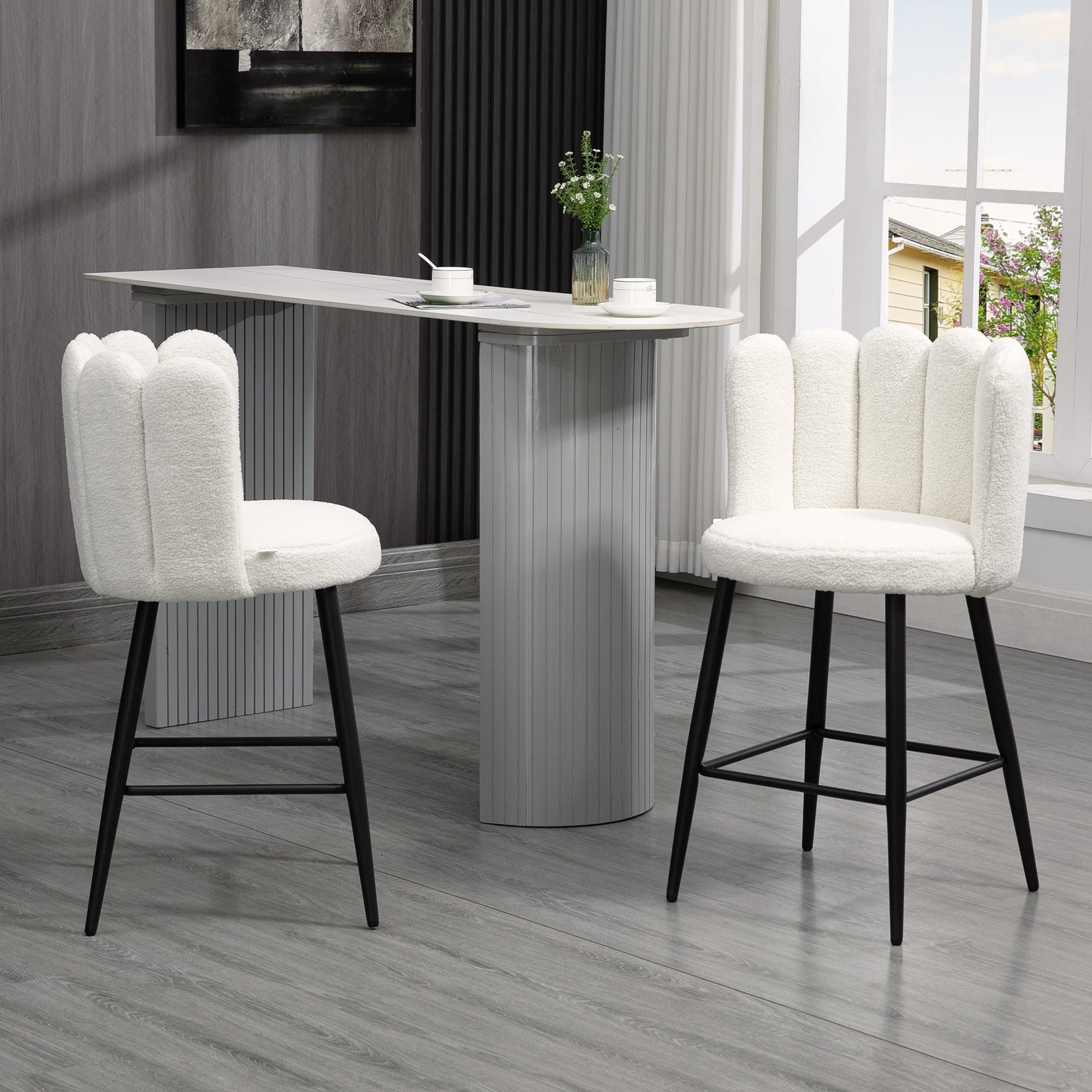 Bar Stools Set Of 2, Modern Boucle Upholstered Shell Barstools, Breakfast Bar Chairs With Backrest, Footrest And Steel Base For Kitchen Counter, Cream