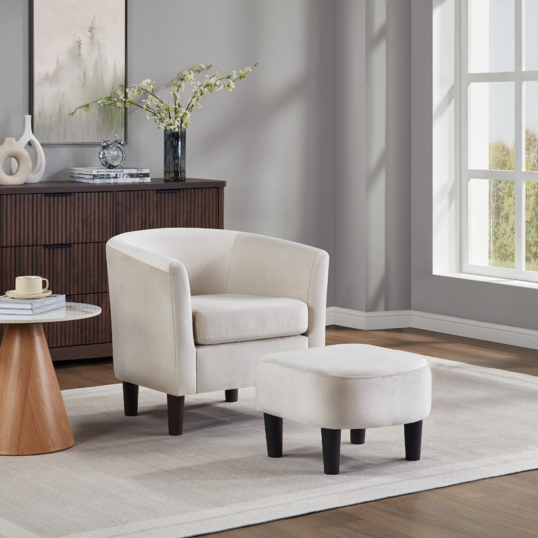 Velvet Accent Chair With Ottoman, Modern Barrel Chair Armchair For Living Room, Bedroom, White