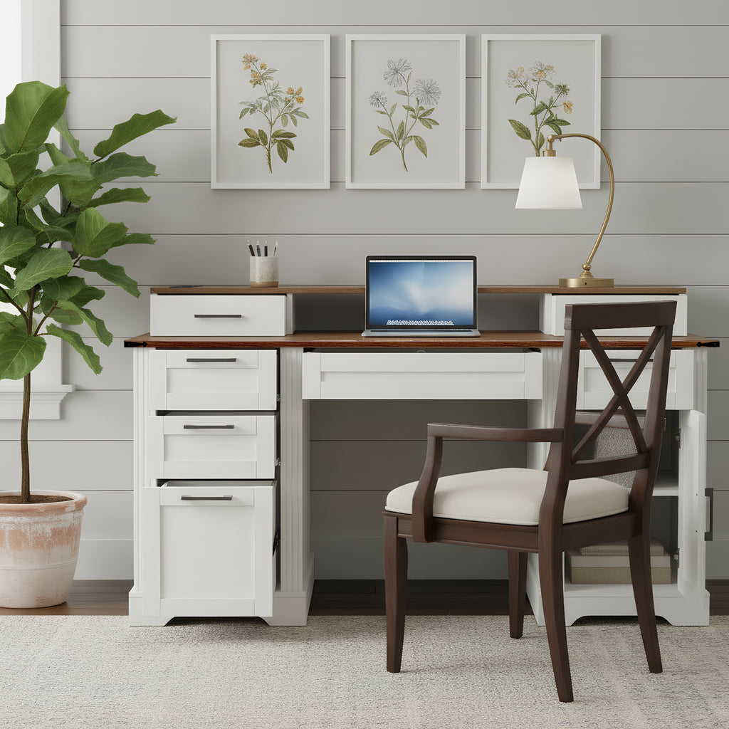 Luxury Farmhouse Desk™ – Scrivania Elegante con Stazione di Ricarica e Storage Integrato