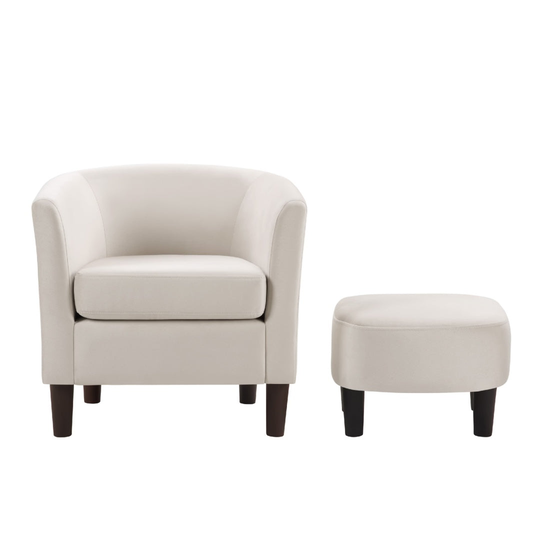 Velvet Accent Chair With Ottoman, Modern Barrel Chair Armchair For Living Room, Bedroom, White