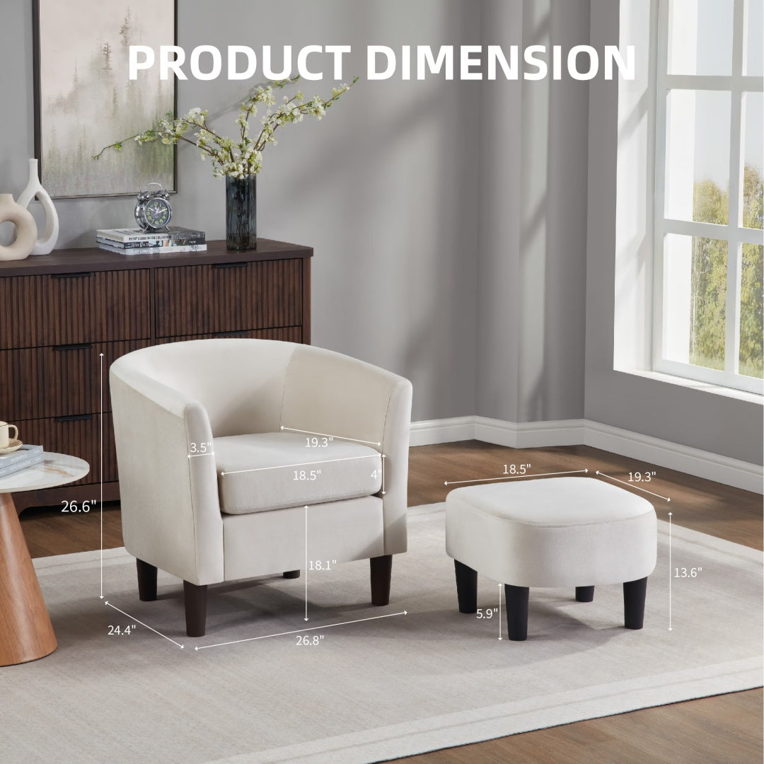 Velvet Accent Chair With Ottoman, Modern Barrel Chair Armchair For Living Room, Bedroom, White