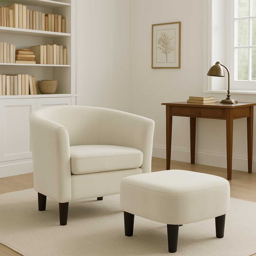 Velvet Accent Chair With Ottoman, Modern Barrel Chair Armchair For Living Room, Bedroom, White