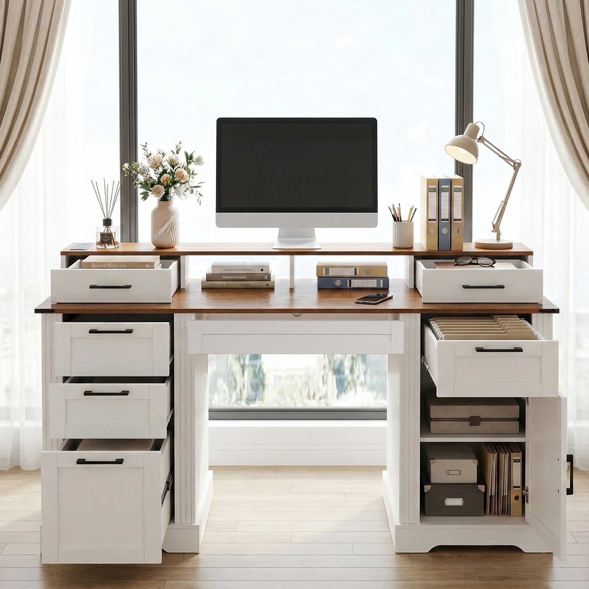 Luxury Farmhouse Desk™ – Scrivania Elegante con Stazione di Ricarica e Storage Integrato