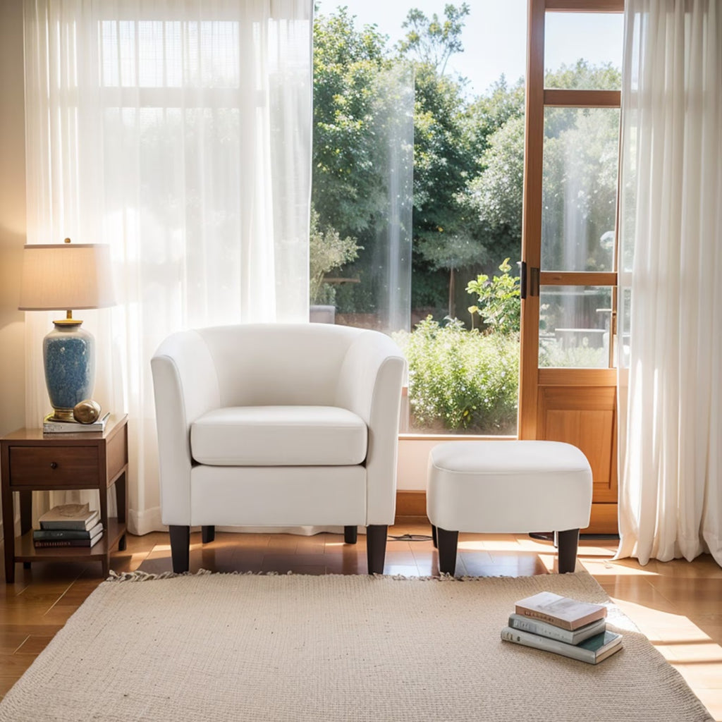 Velvet Accent Chair With Ottoman, Modern Barrel Chair Armchair For Living Room, Bedroom, White