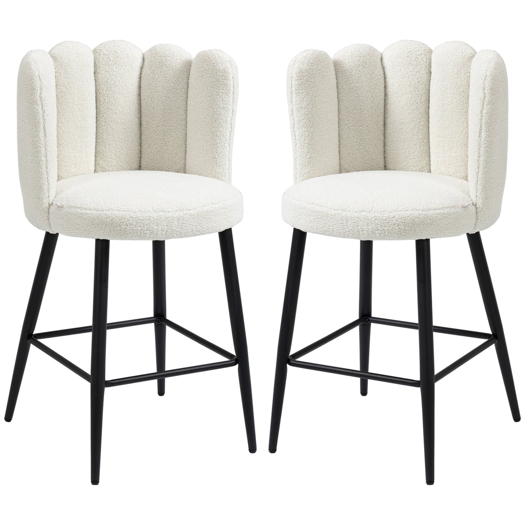 Bar Stools Set Of 2, Modern Boucle Upholstered Shell Barstools, Breakfast Bar Chairs With Backrest, Footrest And Steel Base For Kitchen Counter, Cream