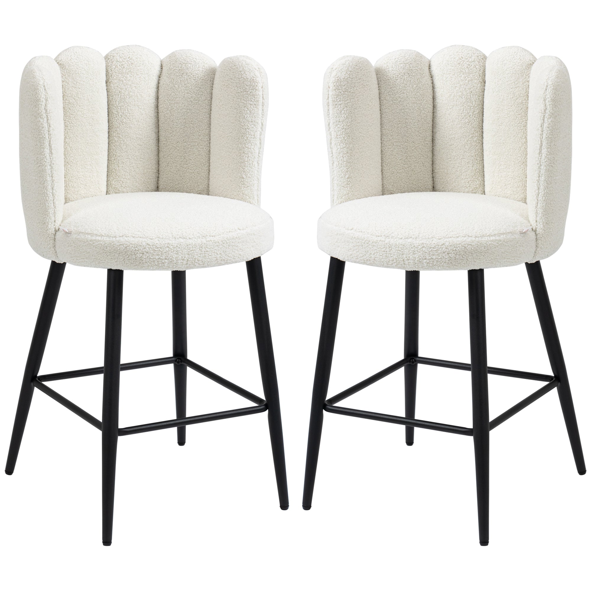 Bar Stools Set Of 2, Modern Boucle Upholstered Shell Barstools, Breakfast Bar Chairs With Backrest, Footrest And Steel Base For Kitchen Counter, Cream