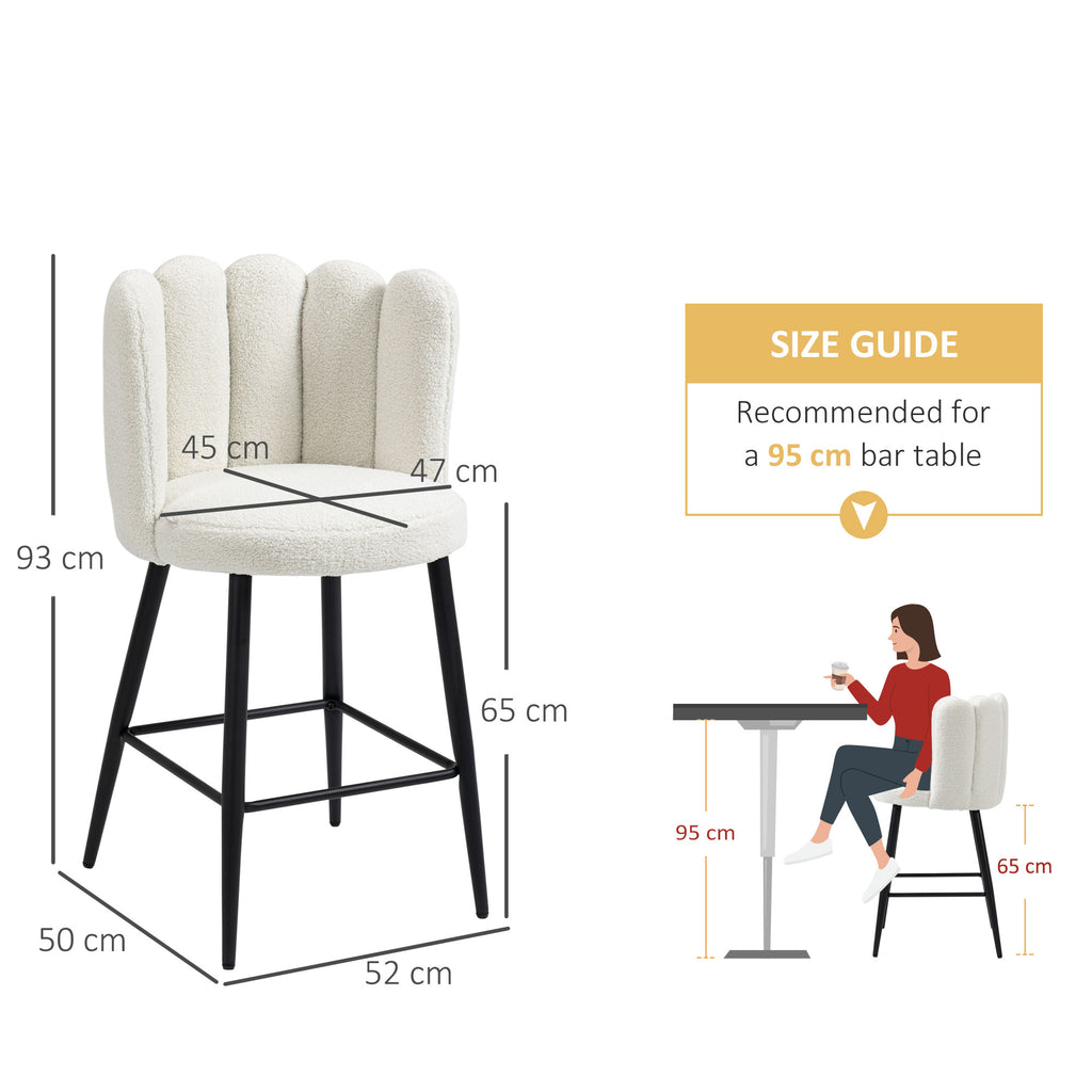 Bar Stools Set Of 2, Modern Boucle Upholstered Shell Barstools, Breakfast Bar Chairs With Backrest, Footrest And Steel Base For Kitchen Counter, Cream