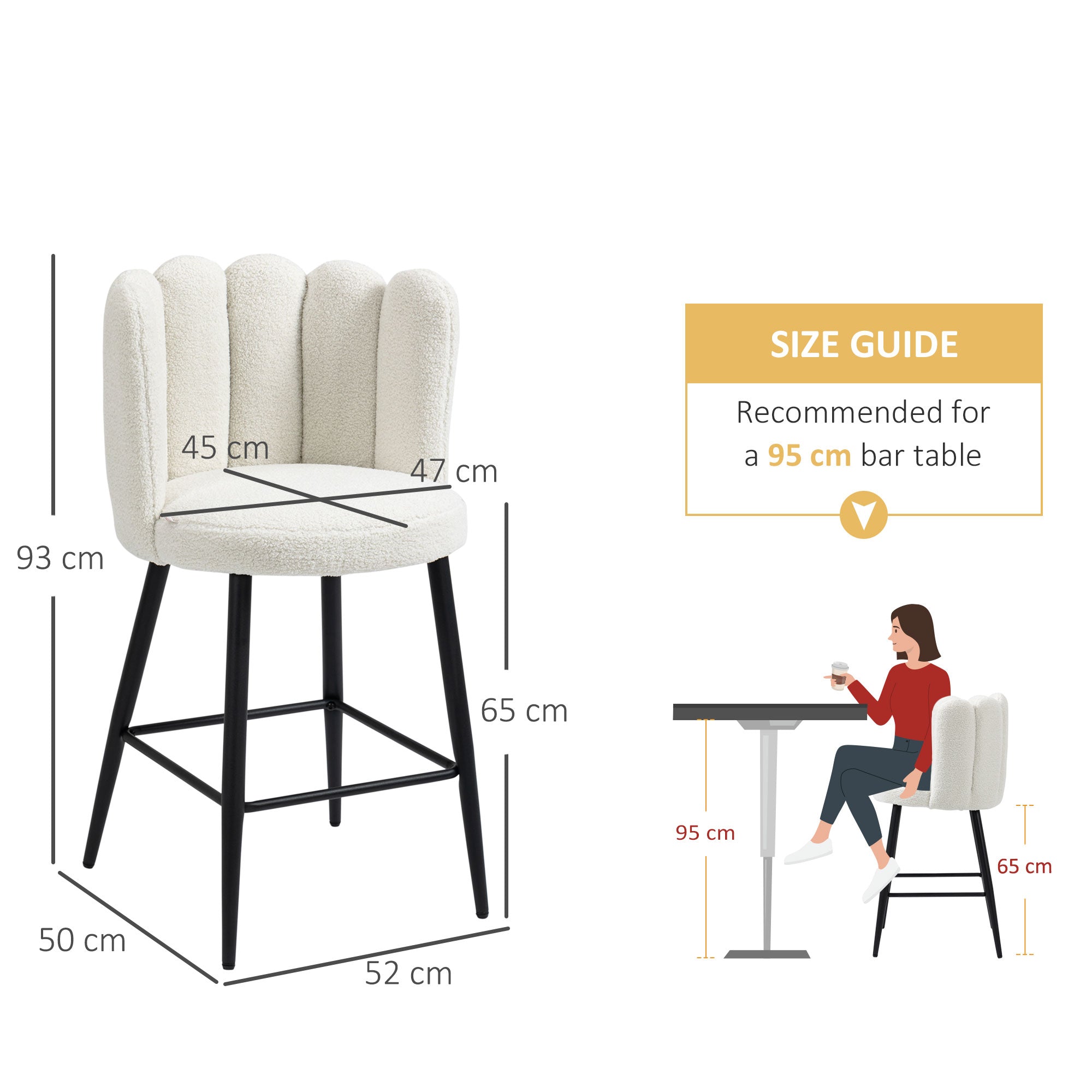 Bar Stools Set Of 2, Modern Boucle Upholstered Shell Barstools, Breakfast Bar Chairs With Backrest, Footrest And Steel Base For Kitchen Counter, Cream