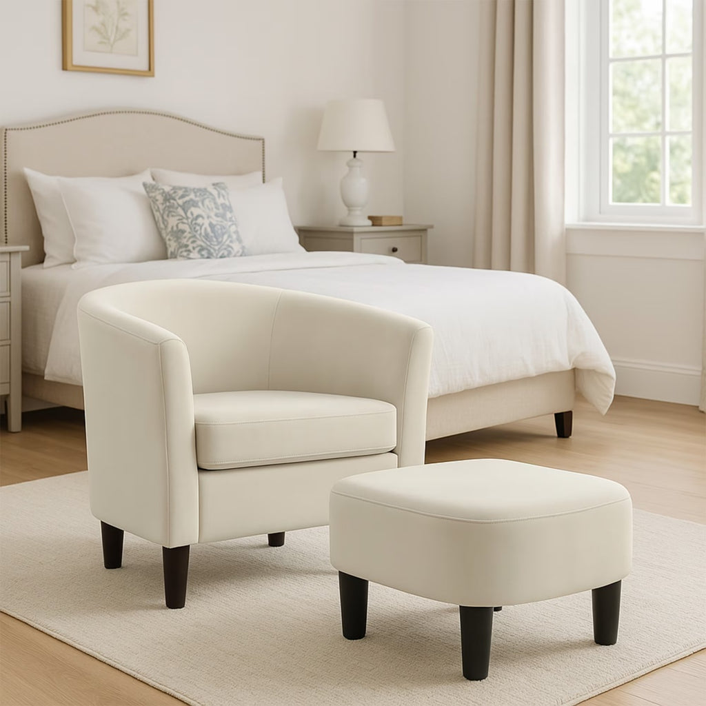 Velvet Accent Chair With Ottoman, Modern Barrel Chair Armchair For Living Room, Bedroom, White
