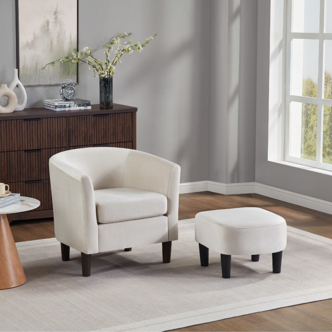 Velvet Accent Chair With Ottoman, Modern Barrel Chair Armchair For Living Room, Bedroom, White