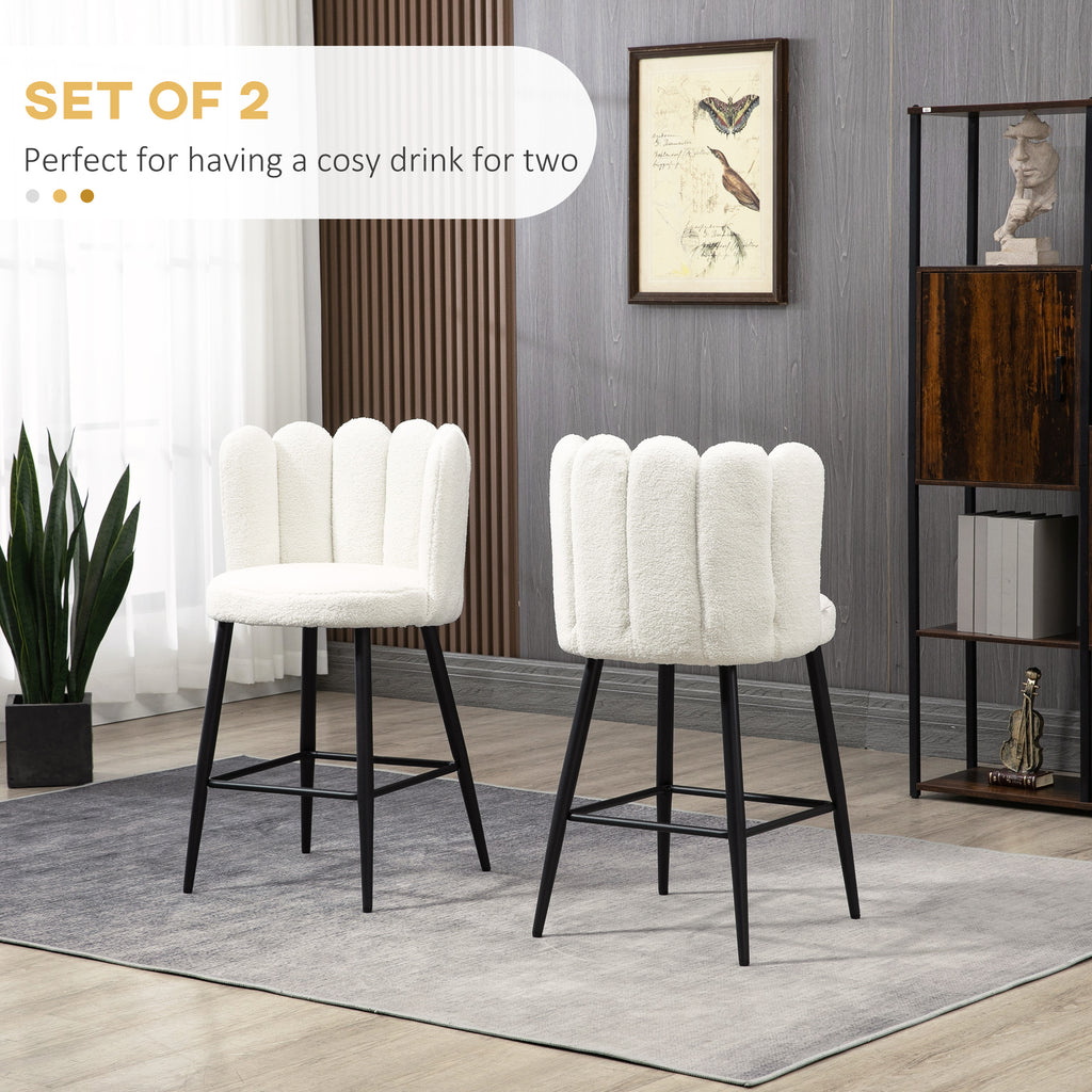 Bar Stools Set Of 2, Modern Boucle Upholstered Shell Barstools, Breakfast Bar Chairs With Backrest, Footrest And Steel Base For Kitchen Counter, Cream