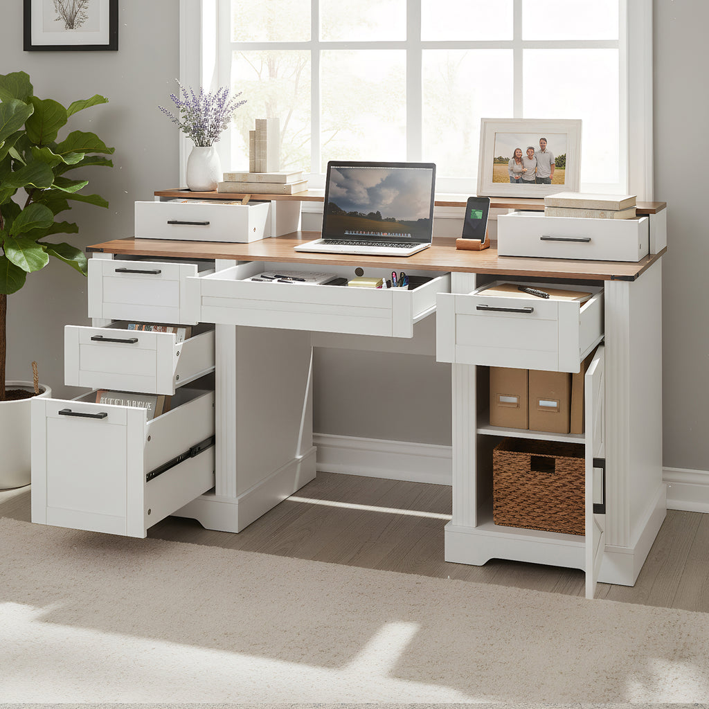 Luxury Farmhouse Desk™ – Scrivania Elegante con Stazione di Ricarica e Storage Integrato